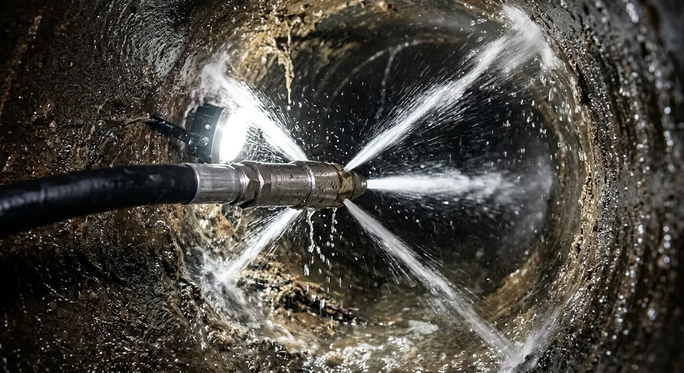 High-pressure hydro jetting nozzle cleaning sewer pipe for Trenchless Sewer Repair in South Euclid