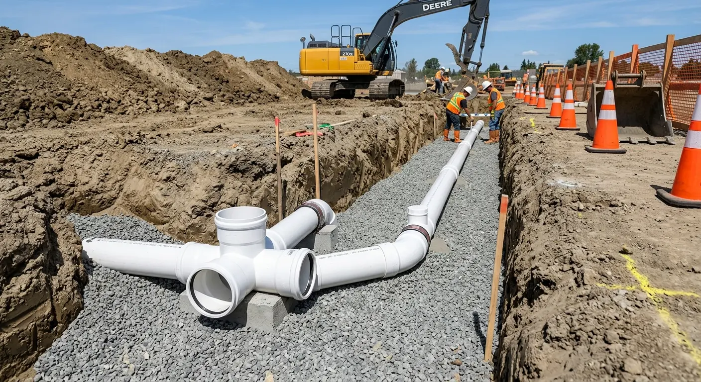 New PVC sewer pipe installation in open trench for Sewer Backup in South Euclid