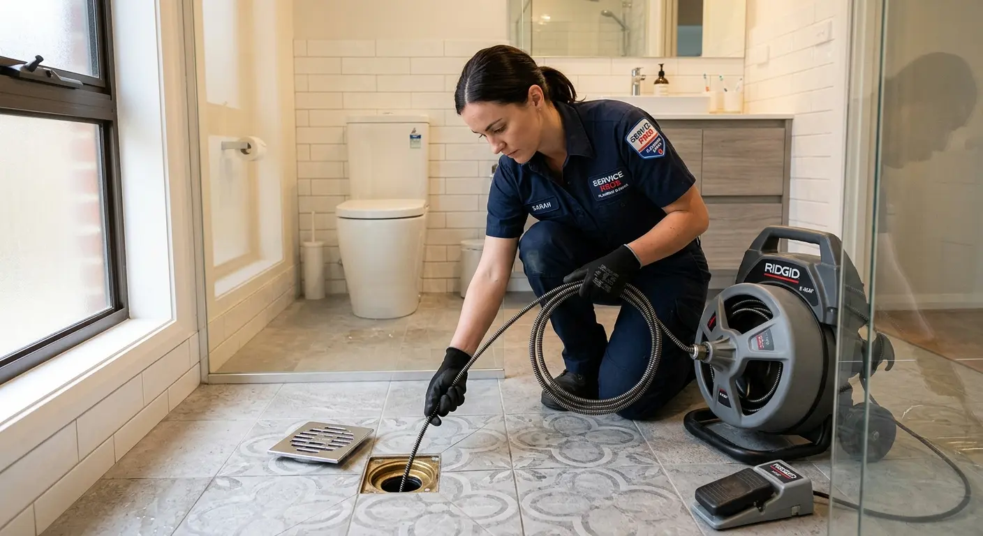 Technician clearing a bathroom floor drain for Sewer Line Replacement in South Euclid